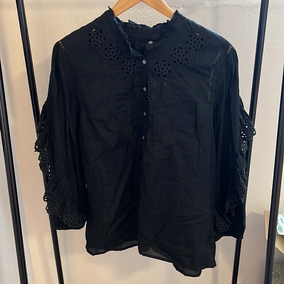 J Crew // Eyelet Lace Ruffle Long Sleeve Button Down Blouse - Picture 3 of 9